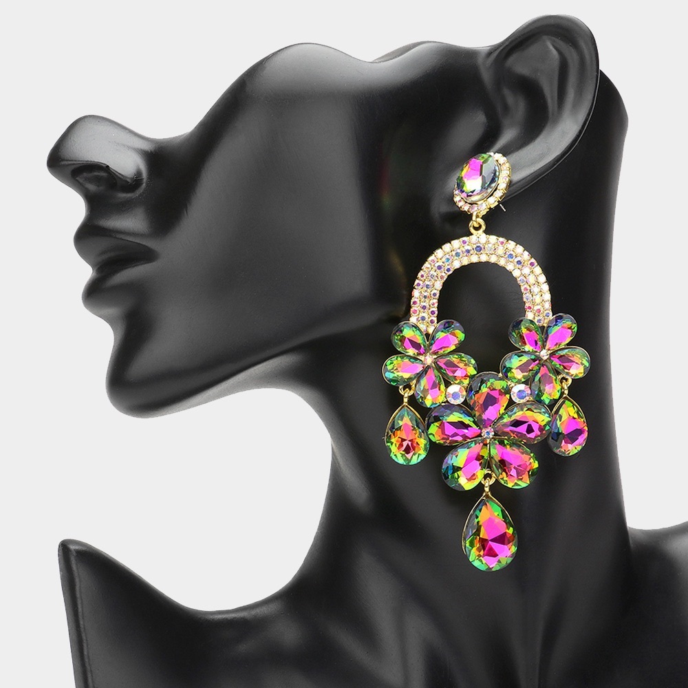 Multicolor Crystal Floral Drop Earrings - Gold Tone